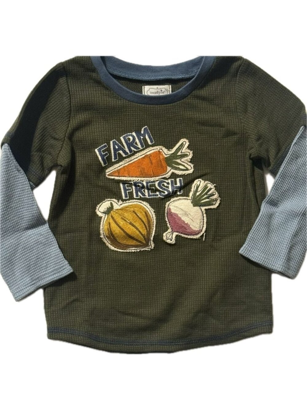 Mud Pie 12m 18m NWOT green shirt Farm Fresh applique vegetables waffle weave